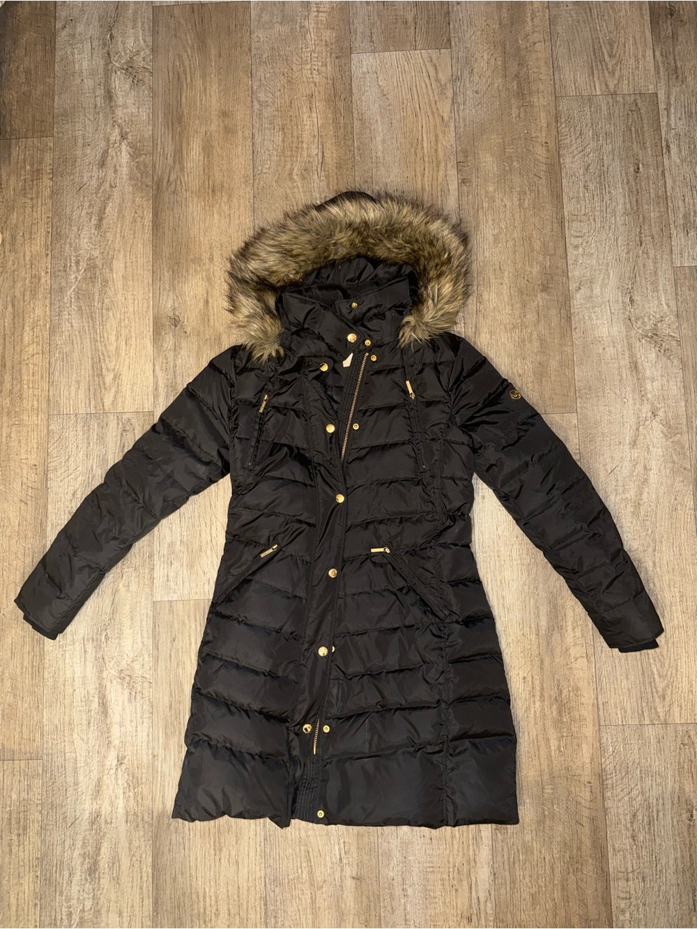 Michael Kors Black Long Puffer Coat with Faux Fur Hood